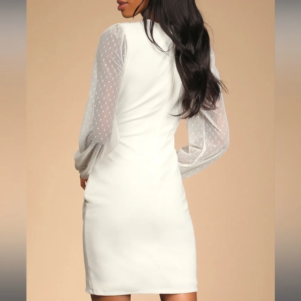 Lulus Love That Lasts Forever Ivory Balloon Sleeve Bodycon Mini Dress Size Small - Picture 3 of 3